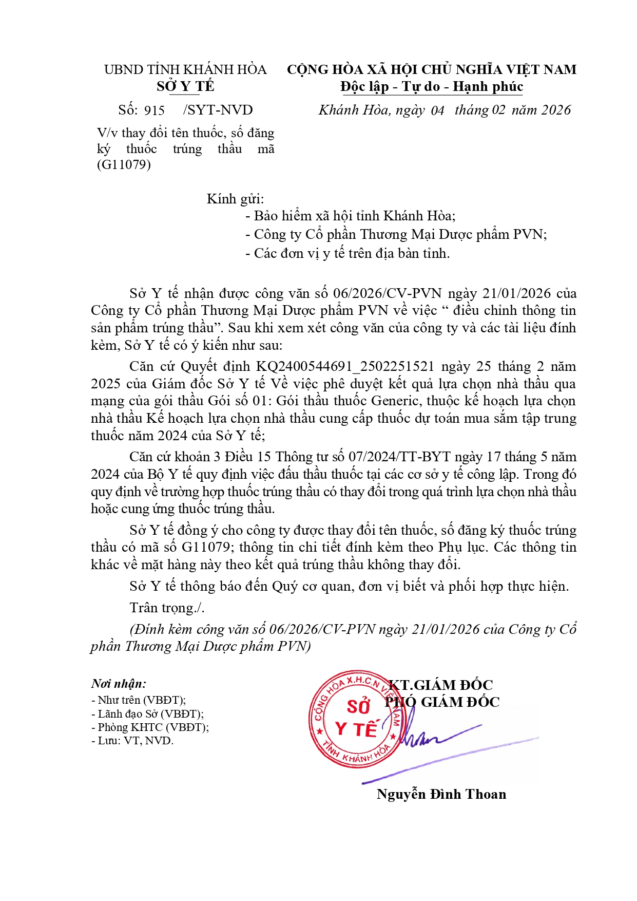 V/v thay đổi tên thuốc, số đăng ký thuốc trúng thầu mã (G11079)